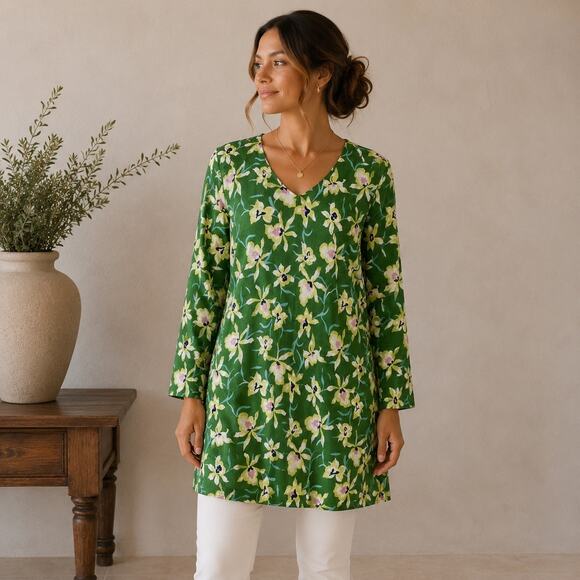 J. Jill Tops - J Jill Green Floral Knit V Neck Long Sleeve  Tunic Medium